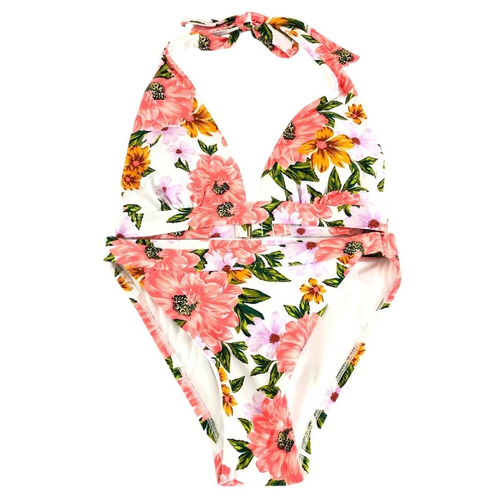 Sunn Lab Swim Bikini Floral Halter Triangle High Waist Pink White Size XS